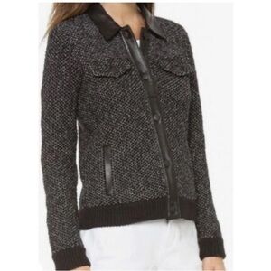 rag & bone Black white Textured button front jacket with real lamb leather trim
